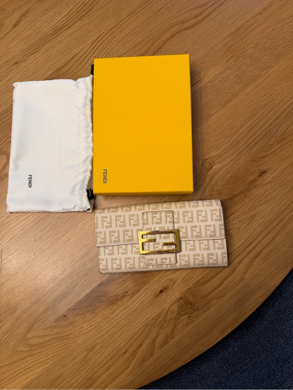 Fendi Beige FF Logo Continental Wallet with Gold Buckle Accent